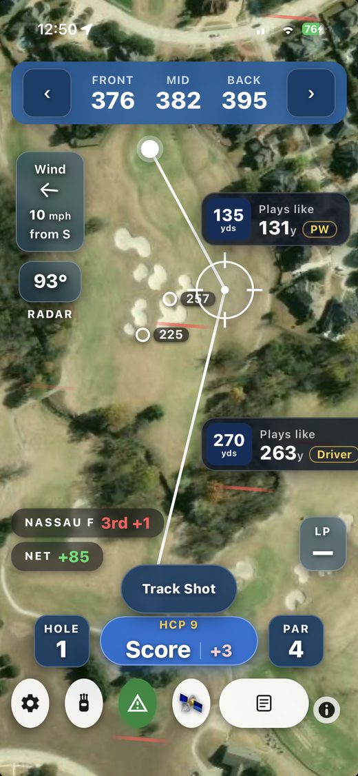 Bad Golf App GPS screen: front, middle and back yardages, plays-like distances with club suggestions, wind, and the live Nassau standing on hole 1