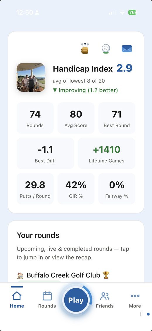 Bad Golf App home screen: handicap index 2.9 trending better, rounds, average score, best round, putts per round, GIR and fairway percentages